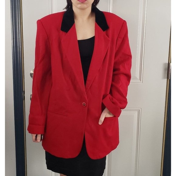 90s Sag Harbor Red Wool Blazer with Velvet Collar‎ - Picture 1 of 4